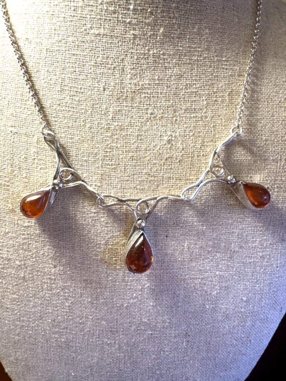 925 Sterling Silver Amber Brown Teardrop Cabochon Vine Necklace Boho Modernist